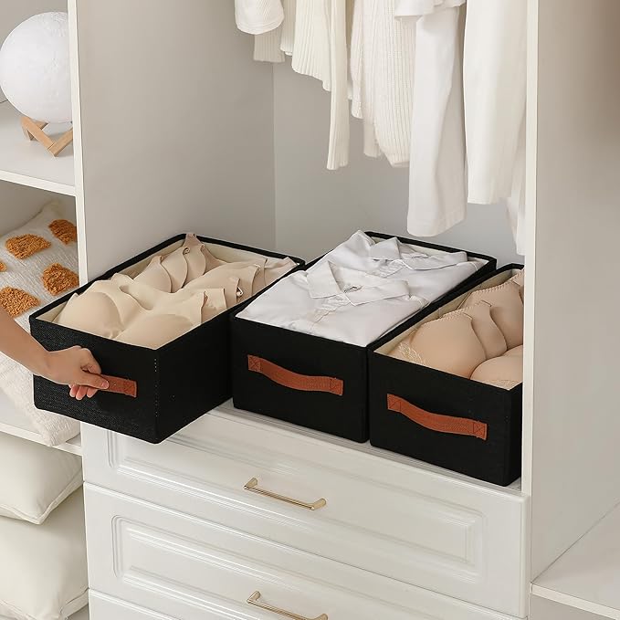 linen closet organizers and storage, 3 Pack Large Storage Baskets, Washable, Clothing Storage Bins with Handle, Closet Organizer for Storage Sweater,Sheets (Black, 16"x9½"x6¾")