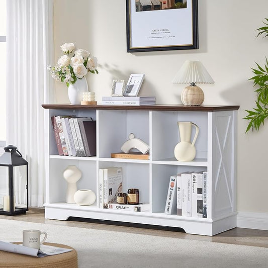 Farmhouse 6 Cube Bookshelf, White Storage Organizer Bookcase, Kids Toy Storage Cabinet, Long Bookshelves Storage Organizer Shelf, Wood Display Cabinet Book Shelves for Bedroom,Living Room,Office