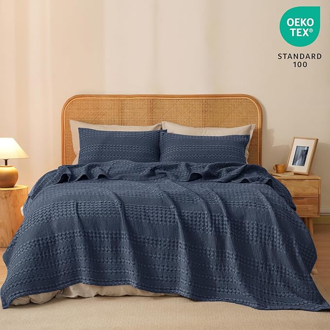PHF 100% Cotton Waffle Weave Blanket Queen Size, Soft Lightweight Breathable Cozy Summer Blankets for Bed, Luxury Aesthetic Woven Bedding for Home Decor, 90"x90", Dark Navy