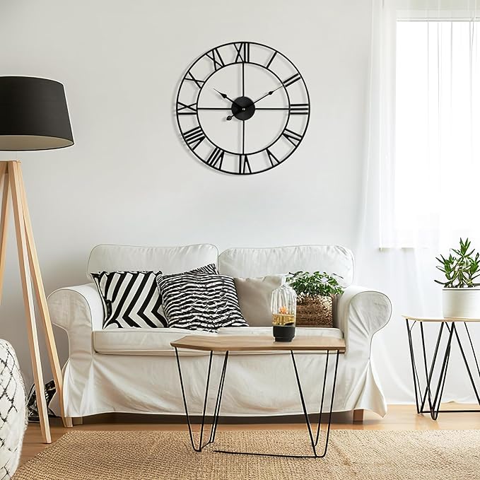 Large Wall Clock for Living Room Decor - 60cm/ 24 Inches Silent Non-Ticking Metal Wall Clocks Battery Operated, Vintage Decorative Modern Wall Clock for Bedroom, Office, Farmhouse Decor