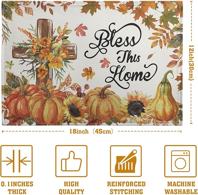 Fall Cross Pumpkin Placemats Set of 4 Autumn Thanksgiving Harvest Sunflower Maple Leaf Orange Linen Table Mats Seasonal Farmhouse Decorative Place Mat for Party Kitchen Dining Decor