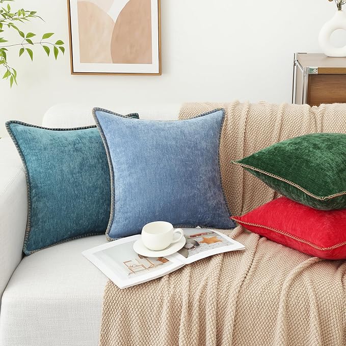 decorUhome Chenille Soft Throw Pillow Covers 12x20 Set of 2, Lumbar Velvet Farmhouse Neutral Decorative Euro Pillow Covers with Stitched Edge for Couch Sofa Bed Home Decor, Blue