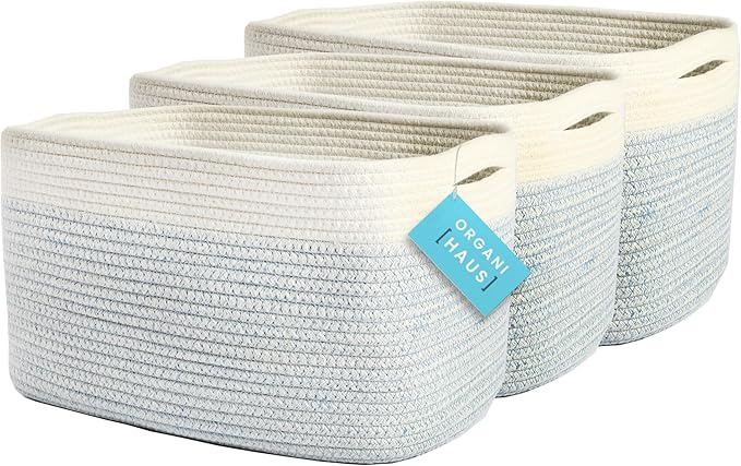 OrganiHaus Set of 3 Woven Storage Baskets for Organizing, Cotton Rope Organizer Bins for Shelves, Closet & Nursery, Dog Toy Basket, Decorative Bins for Toys, Towels & Books - 15x10x9, Blue/Off-White