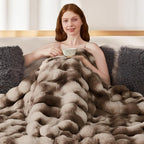 Touchat Luxury 1000GSM Faux Rabbit Fur Throw Blanket, Super Heavy Warm Cozy Brown Blankets for Couch Bed Sofa, Ruched Plush Fuzzy Elegant Soft Reversible Mink Blanket for Living Room Bedroom