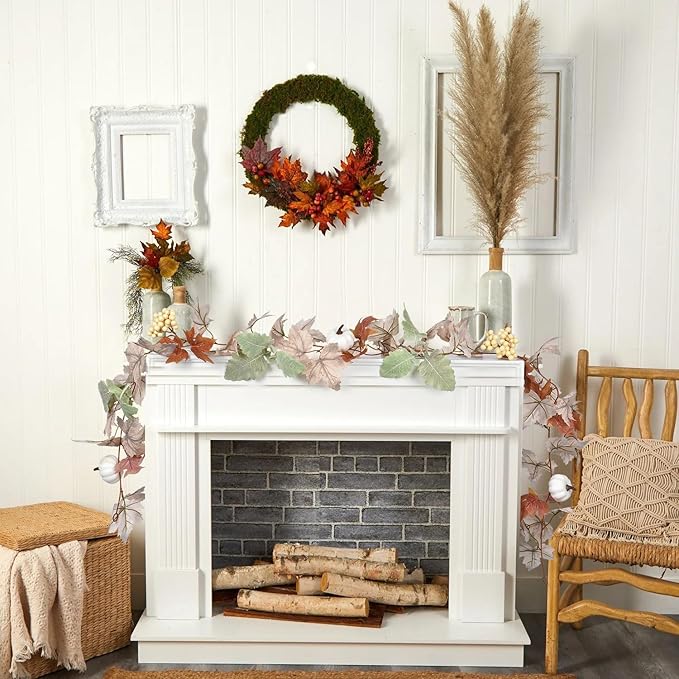 Lvydec Fall Maple Leaves Garland Decoration - 5.8ft Artificial Fall Foliage Garland with White Pumpkins Autumn Decor for Halloween Thanksgiving Home Table Decor (White)