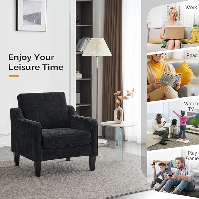 VINGLI Mid Century Modern Accent Chairs, Black Soft Chenille Reading Chair Upholstered Armchair Side Chairs Sofa Couches for Living Room, Bedroom, Apartment