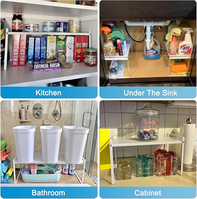 11'' Wide Expandable Cabinet Shelf Organizer Rack Adjustable Length 14''-26'' Pantry Shelf Spice Rack Heavy Duty Nonslip Kitchen Counter Storage Shelves Pantry Cupboard Under Sink Countertop White
