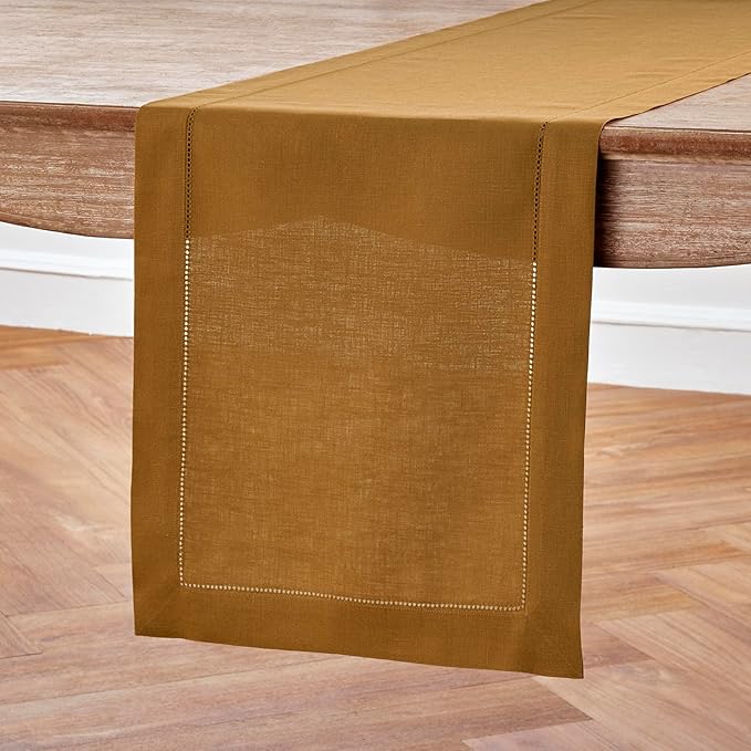 Solino Home Linen Brown Sugar Table Runner 72 Inches Long - 100% Pure Linen Hemstitch Table Runner 14 x 72 Inch for Dresser, Dining, Fall, Autumn, Halloween, Thanksgiving - Classic Hemstitch