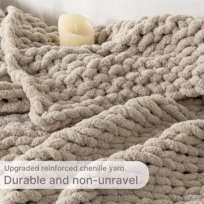 Chunky Knit Blanket Throw, 100% Hand Knit Throw Blanket Handmade Chenille Cable Knit Throw for Couch, Stylish Cozy Soft Rope Knot Crochet Blanket for Home Decor, Beige Linen, 50x60 Inches