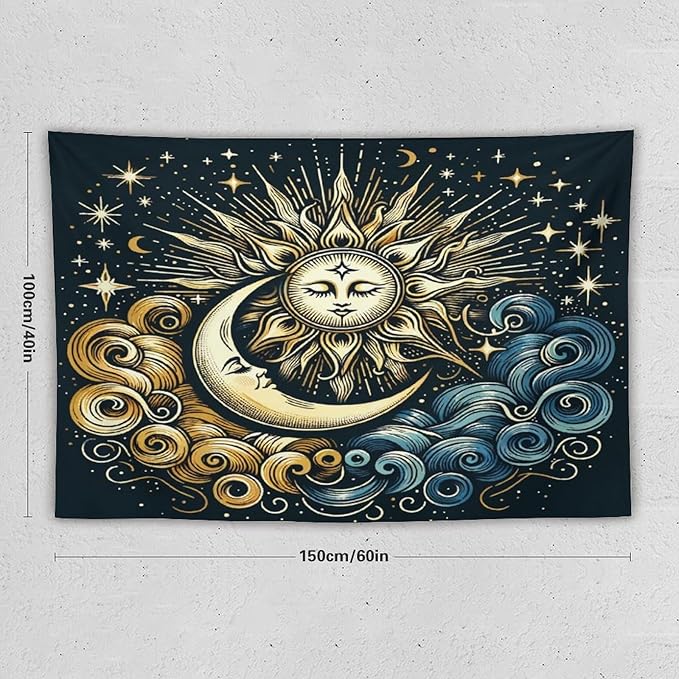 HZOHNAGO Sun Moon Tapestry Boho Golden Stars Pattern Printed Wall Tapestry Wall Hanging for Bedroom Living Room Dorm 60" W x 40" H