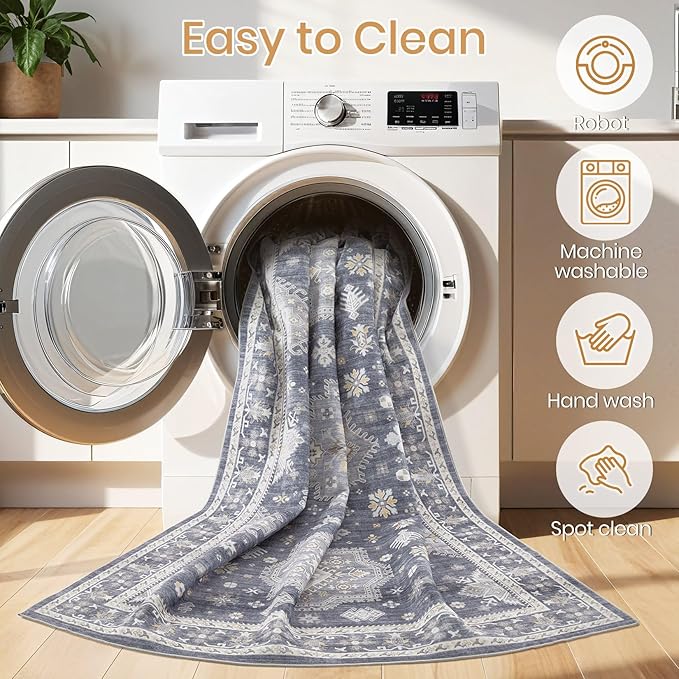 Washable Area Rugs for Living Room -10x14 Neutral Vintage Distressed Floral Farmhouse Boho Large Soft Floor Rug Indoor Non Slip Carpet for Living Room Bedroom Dining Room Office - Denim Blue/Grey