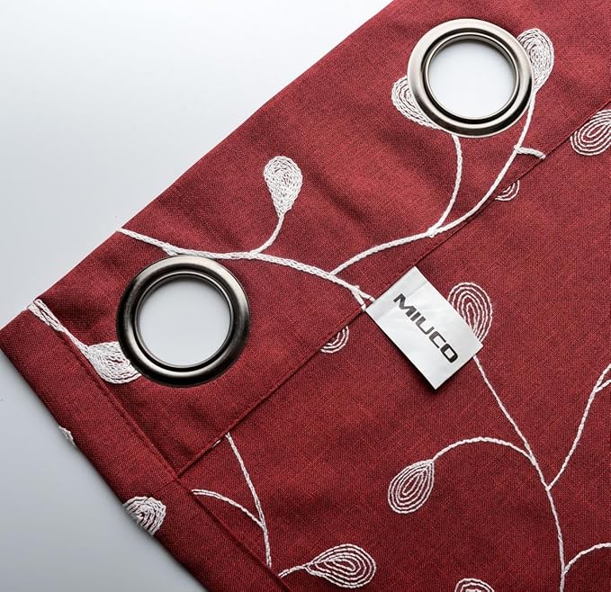 MIUCO Floral Embroidery Semi Sheer Curtain Panels Faux Linen Grommet Curtains for Kids Room 52 x 95 Inch 2 Panels, Burgundy