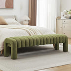 63" Bedroom Bench, Upholstered Entryway Bench, Modern End of Bed Ottoman with Solid Wood Legs and Adjustable Foot Pegs for Entryway, Dining Room and Living Room, 440lbs (Green Boucle)