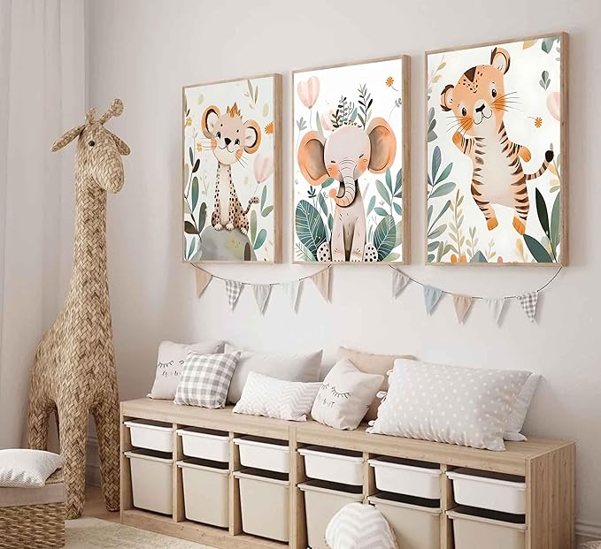 3 Pcs Safari Animals Nursery Canvas Wall Art Jungle Animals Cheetah Elephant Tiger Kids Room Illustration Pictures Wall Decor Posters Print Artwork for Classroom Boy's Girl's Room Bedroom