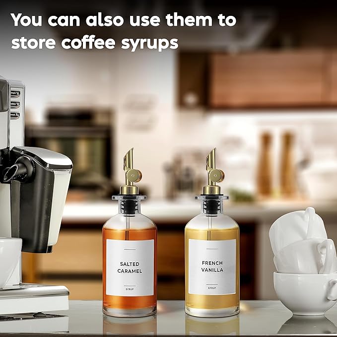 Olive Oil Dispenser Bottle - Includes 55 Kitchen Essential Labels - Cooking Oil Bottles for Kitchen, Coffee Syrup Dispenser - Pourer Spout with 11.8 fl oz Glass Container Cruet - 4pcs, Gold