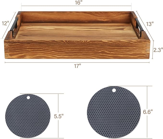 LotFancy Large Ottoman Tray for Living Room, 17x13'' Wood Serving Tray with Handles, Home Décor for Coffee Table, Sofa, 2 Skidproof Coasters Included