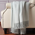 CUDDLE DREAMS Silk Throw Blanket with Hand-Knotted Fringe, Natural, Soft & Breathable (Herringbone Blue)