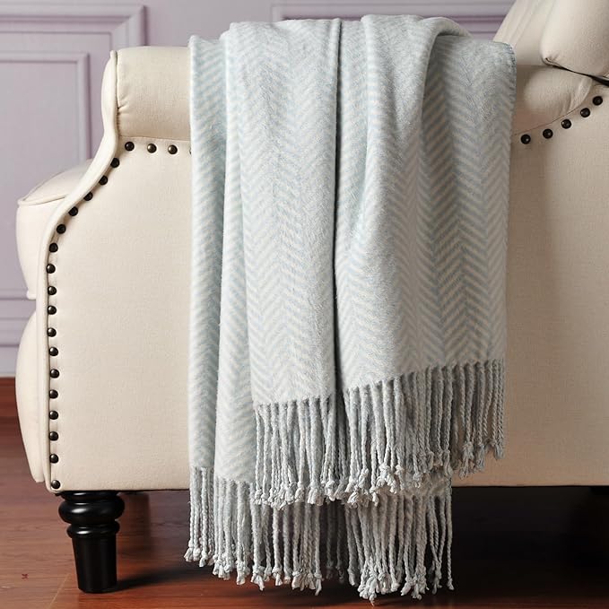 CUDDLE DREAMS Silk Throw Blanket with Hand-Knotted Fringe, Natural, Soft & Breathable (Herringbone Blue)
