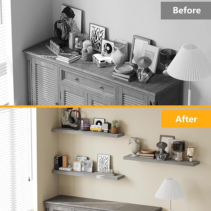 BAMEOS Floating Shelves, Walnut Wall Mounted Wooden Shelves with Invisible Brackets Set of 3, Hanging Wall Shelves Decoration for Bedroom, Bathroom, Living Room and Kitchen