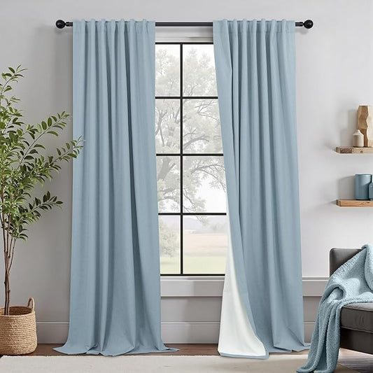 Total Blackout Linen Curtains 96 Inches Long for Bedroom 8 Foot Tall Heavy Thermal Rustic Country Light Blue Black Out Curtains for Living Room Window Drapes Stone Blue Gray Greyish Back Tab 2 Panels