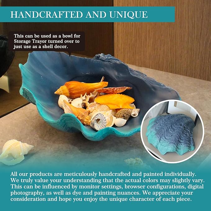 Large Caribbean Blue-Aqua Sea Shells Decorative Bowl Resin Clam Shell Bowl Beach Decorations for Home Coastal Beach Decor Decoration Storage Bowls&Home Office Nautical Themed Party Decor-10.2"-1PC