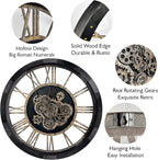 27 inch Large Real Moving Gears Wall Clock with Toughened Glass Cover, Oversized Solid Wood Retro Farmhouse Clock, Giant Decorative Rustic Wall Clock for Living Room Home Kitchen Office (Black)