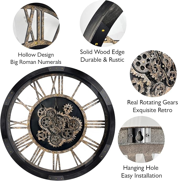 DORBOKER 36" Extra Large Wall Clock with Moving Gears, Oversized Giant Industrial Steampunk Rustic Clocks for Wall Decor Living Room Home Office, Solid Wood Vintage Black and Bronze Gears