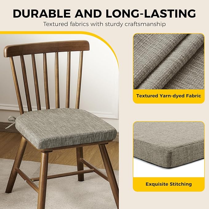 downluxe Indoor Chair Cushions for Dining Chairs, Soft and Comfortable Textured Foam Kitchen Chair Pads with Ties and Non-Slip Backing, 16" x 16" x 2", Khaki, 4 Pack