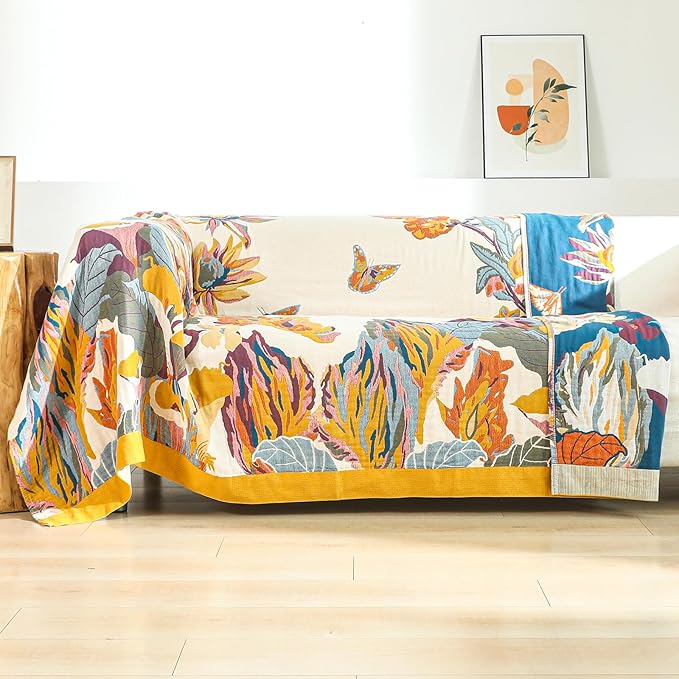 Boho Throw Blanket for Bed,100% Cotton Breathable Muslin Soft Throw, Fall Bed Throw Blanket Floral Bird Butterfly Printed Decor Large Blankets,80"×90" Rustic Farmhouse Throw for Sofa Couch Chair