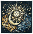 HZOHNAGO Sun Moon Tapestry Boho Golden Stars Pattern Printed Wall Tapestry Wall Hanging for Bedroom Living Room Dorm 60" W x 60" H