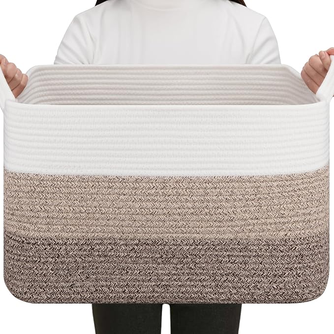 OIAHOMY Rectangle Woven Storage Basket - Nursery Cotton Rope Baskets for Storage, Toy Basket Organizing for Living Room, 17.7"x13.8"x11"- Pack of 3 - Gradient Yellow