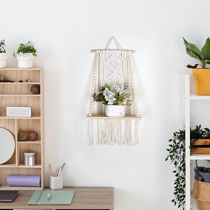 Wooden Macrame Wall Hanging w/Shelf & Sturdy Beaded Rope - Handmade Modern Living Room Decor - Macrame Wall Decor to Securely Hold Plants & More - Beautiful Boho Decorations for Interior Design