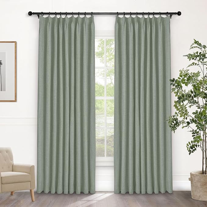 Macochico 100% Blackout Pinch Pleated Linen Curtains 84 Inch Length Thermal Blackout Curtains for Bedroom Living Room Nursery Fog Green Farmhouse Burlap Curtains with Tieback 52”Wx84”L 1 Panel