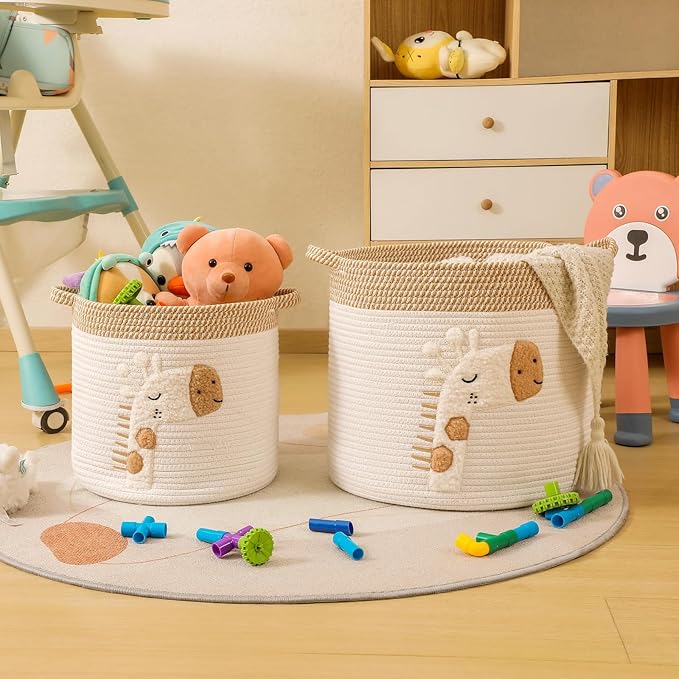 Large Blanket Baskets for Living Room Decor, Toy Storage Baskets Woven Cotton Rope Storage Basket for Kids, Dog Toys Organizer Clothes Hamper with Embroidery Decor for NurseryLaundry (Large, Giraffe)