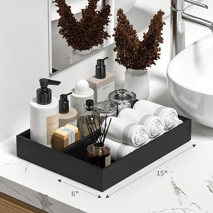 Kitchen Drawer Organizer Bins, Stackable Bamboo Drawer Organizer for Silverware, 2 Pcs Toilet Paper Basket Holder, Wood Bathroom Tray Countertop, Toilet Tank Tray Black 15" x 6" x 2.5"