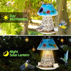 Mushroom Solar Bird Feeders for Outdoors Hanging Metal Wild Bird Feeder Garden Lantern with S Hook for Garden Decoration Blue