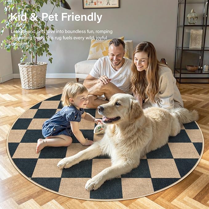 Lahome Checkered Round Rugs 6ft, Outdoor Patio Easy Jute Rug Indoor Outdoor Circle Carpet, Farmhouse Nature Non Shedding Non Slip Washable Black Carpet for Living Room Entry Deck