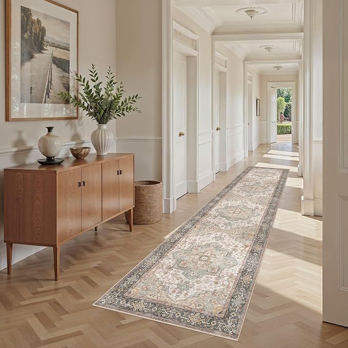 Washable 2.6x12 Runner Rug - Area Rugs Neutral Vintage Distressed Floral Farmhouse Boho Large Soft Floor Rug Indoor Carpet for Hallway Entryway Kitchen Home - Forest Green Orange