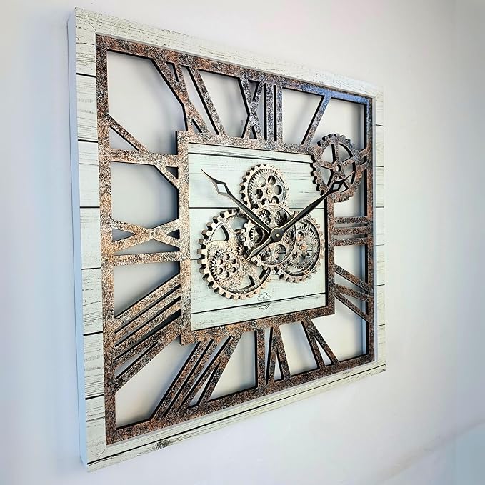 The Gears Clock 24'' Inch Square Real Moving Gear Wall Clock Vintage Industrial Oversized Rustic Farmhouse (White Farmhouse)