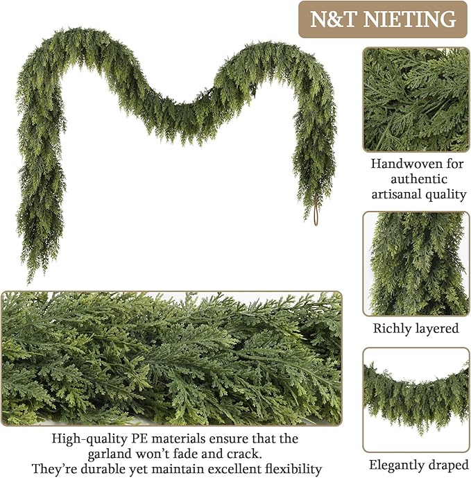 N&T NIETING 9ft Christmas Cedar Garland with Realistic Soft Thickness Pine, Artificial Green Faux Cedar Pine Garland for Fireplace Mantle Fireplace Indoor Outdoor Holiday Party Home Decoration