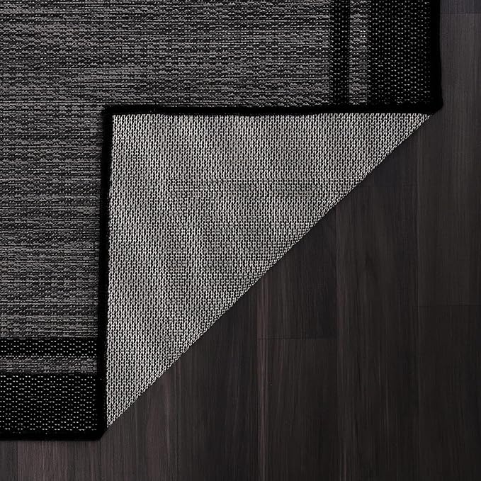 CAMILSON Indoor Outdoor Rug, 6x9 Bordered Dark Grey Black Modern Area Rugs for Indoor and Outdoor Patios, Kitchen and Hallway Mats, Washable Porch Deck Outside Carpet (Bordered Black, 6 x 9)