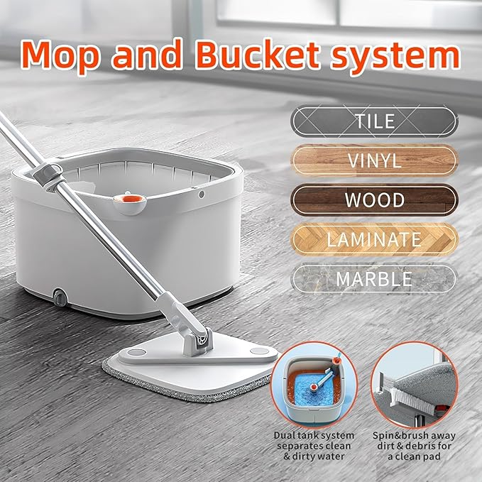 KZKR Spin Mop and Bucket Set with Self Separation Dirty and Clean Water System, Self Wringing 360° Rotating Square Mop Head for Home Floors Cleaning (1.0 Mop and Bucket Set (14 Pads))