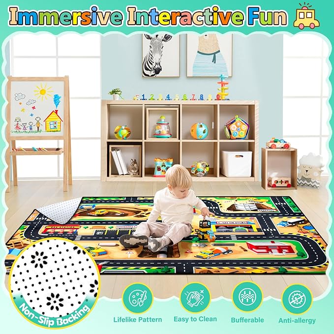 Kids 6x9 Ft Construction Site Play Rug, Baby Play Mat, Tufted Wool & Rubber, Non-Slip, Stain & Fade Resistant, Machine Washable, Rustic Cartoon Construction Site Pattern