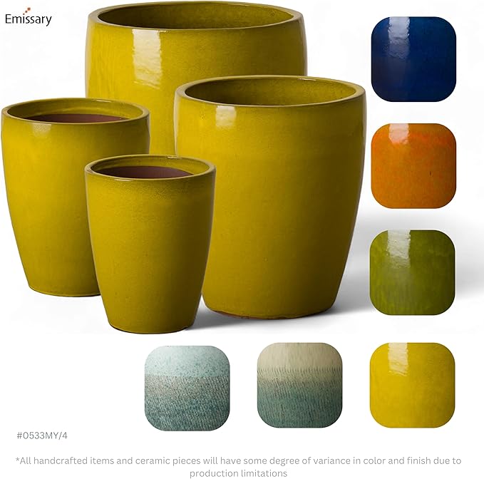 Emissary Bullet 18 in. Mustard Yellow Ceramic Round Planter (18 in. L x 18 in. W x 21 in. H) with Drainage Hole