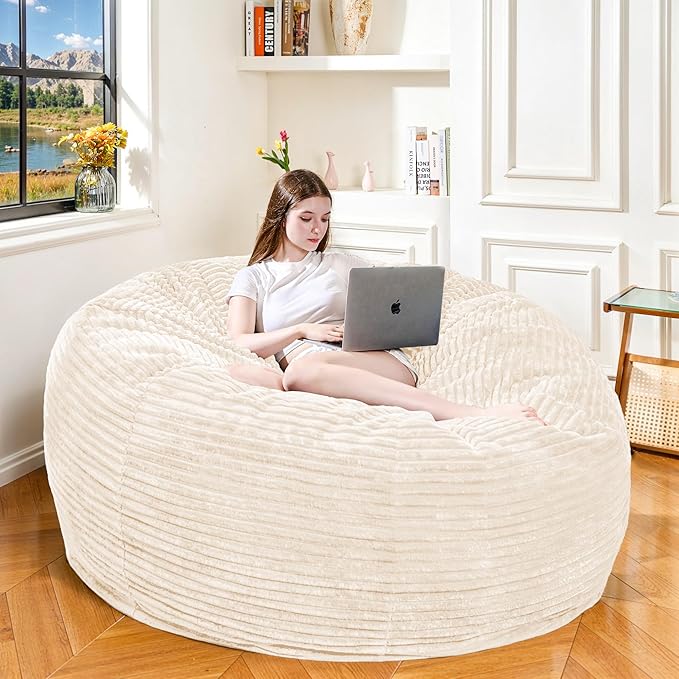 Large Bean Bag Chair, 6FT Giant Beanbag Chairs with Memory Foam Filled, Bean Bag Chairs for Adults, Ultra Soft Lazy Sofa for Living Room Bedroom (White)