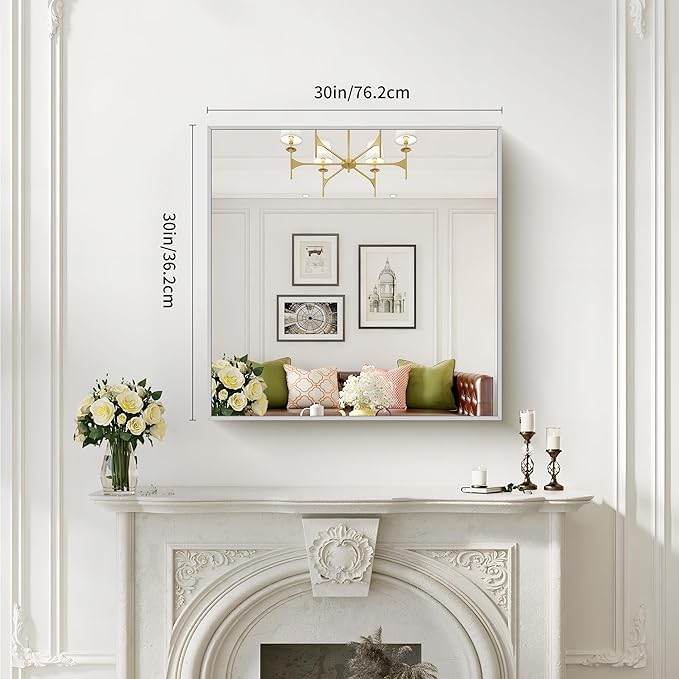 Silver Bathroom Mirror for Wall, 30x30 Inch Rectangle Mirrors with Metal Frame, Modern Vanity Wall Mirror Decor for Bathroom Living Room, Entryway Hangs Horizontal or Vertical