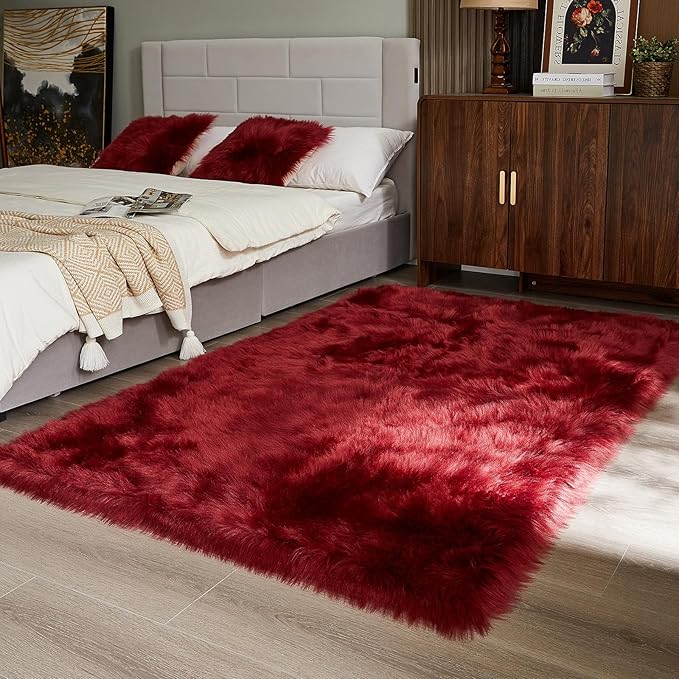 AMTOVO Faux Fur Sheepskin Rug for Living Room, 4 x 6 ft Burgundy Fluffy Area Rug for Bedroom, Playroom, Luxury Room Decor, Rectangle