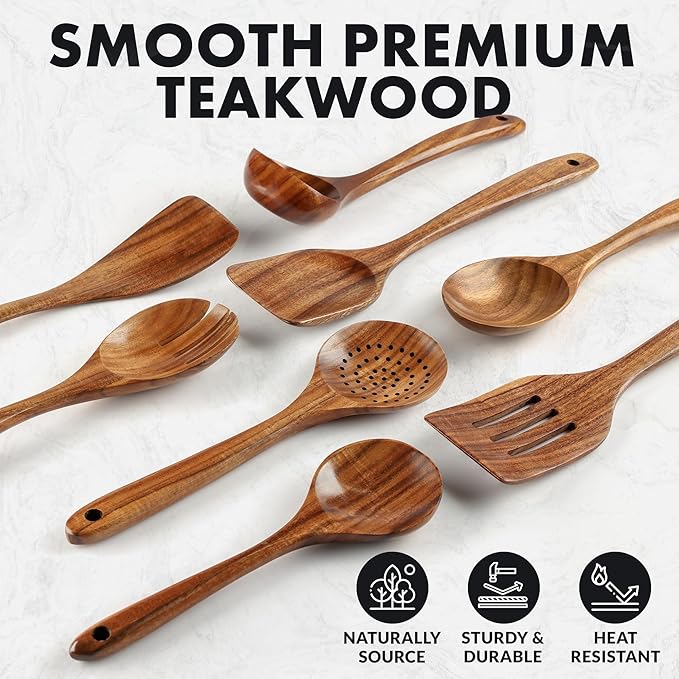 Zulay Kitchen Premium 8-Piece Wooden Spoons - Smooth Finish, Natural Teak Wood, Non-Stick, Handmade