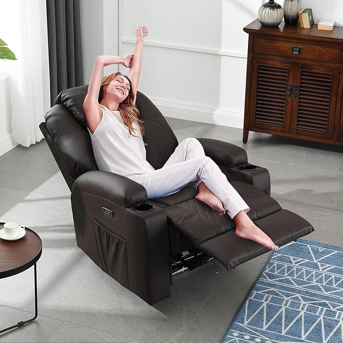 Power Recliner Chair with Heat and Massage, PU Leather Home Theater Seating with LED Lights/Cup Holders/Side Pocket/USB Port, Reclining Sofa Chair for Living Room (1, Brown)