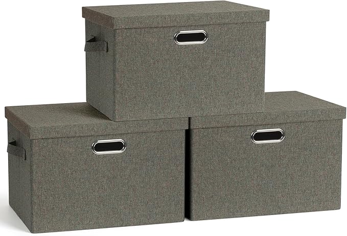 Large 17" 36 Quart Collapsible Stackable Storage Bins with Lids, 3 Packs Dark green Foldable Fabric Closet Storage Boxes with Lids, Heavy-duty Linen Cube Baskets(17x12x11)